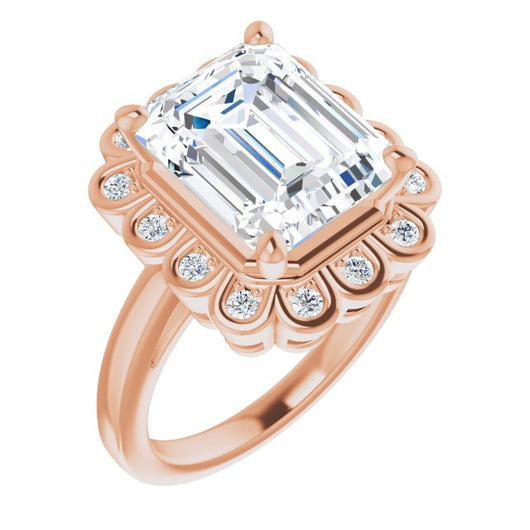 10K Rose Gold Customizable 9-stone Emerald/Radiant Cut Design with Round Bezel Side Stones