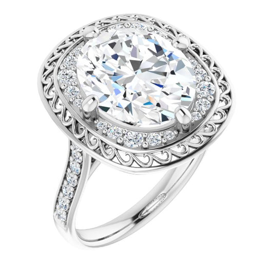 10K White Gold Customizable Cathedral-style Oval Cut featuring Cluster Accented Filigree Setting & Shared Prong Band