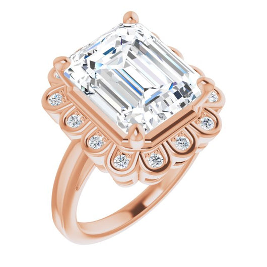 10K Rose Gold Customizable 9-stone Emerald/Radiant Cut Design with Round Bezel Side Stones