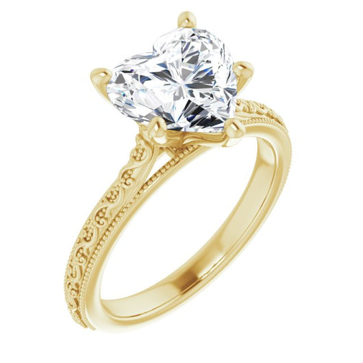 10K Yellow Gold Customizable Heart Cut Solitaire with Delicate Milgrain Filigree Band