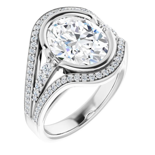 10K White Gold Customizable Cathedral-Bezel Oval Cut Design with Wide Triple-Split-Pavé Band