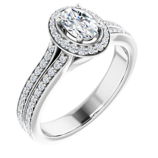 10K White Gold Customizable Cathedral-raised Oval Cut Setting with Halo and Shared Prong Band