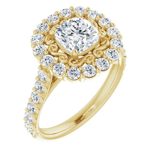 10K Yellow Gold Customizable Cushion Cut Cathedral Style with Oversized Halo