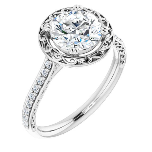 10K White Gold Customizable Round Cut Halo Design with Filigree and Accented Band