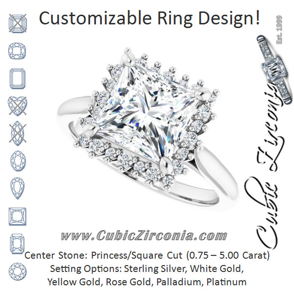 Cubic Zirconia Engagement Ring- The Honoka (Customizable Crown-Cathedral Princess/Square Cut Design with Clustered Large-Accent Halo & Ultra-thin Band)