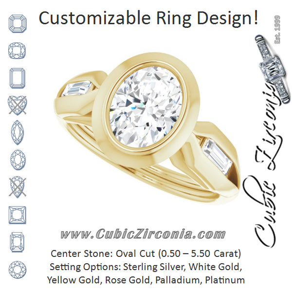 Cubic Zirconia Engagement Ring- The Claudelle (Customizable Bezel-set Oval Cut Design with Wide Split Band & Tension-Channel Baguette Accents)