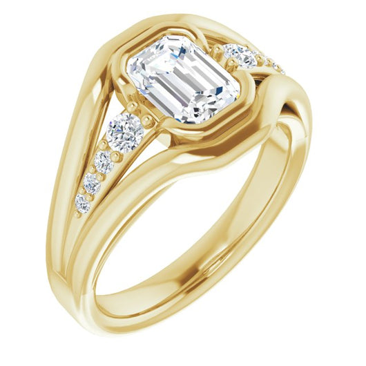 10K Yellow Gold Customizable 9-stone Emerald/Radiant Cut Design with Bezel Center, Wide Band and Round Prong Side Stones