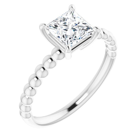 10K White Gold Customizable [[Cut] Cut Solitaire with Thin Beaded-Bubble Band