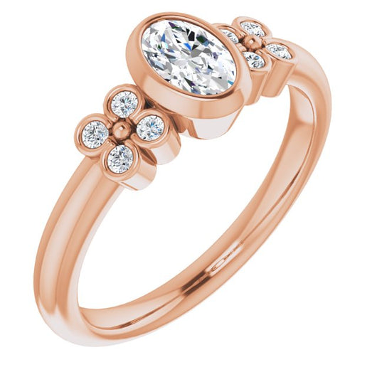 10K Rose Gold Customizable 9-stone Bezel-set Oval Cut Design with Quad Round Bezel Side Stones Each Side