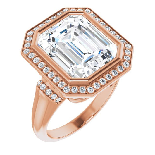 10K Rose Gold Customizable Bezel-set Emerald/Radiant Cut Design with Halo and Vertical Round Channel Accents