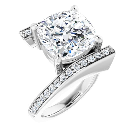 10K White Gold Customizable Faux-Bar-set Cushion Cut Design with Accented Bypass Band