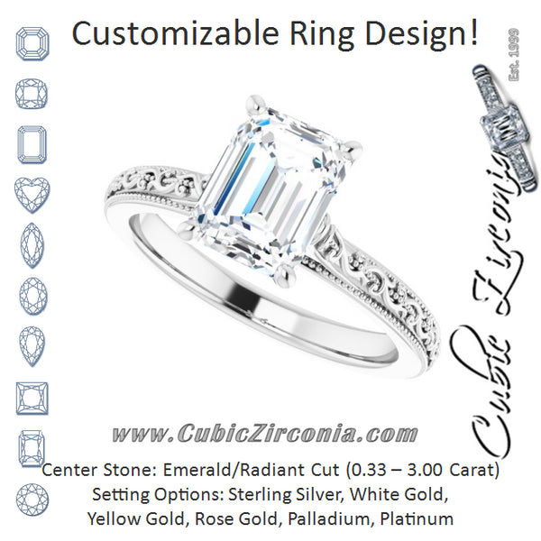 Cubic Zirconia Engagement Ring- The Conchita (Customizable Emerald Cut Solitaire with Delicate Milgrain Filigree Band)