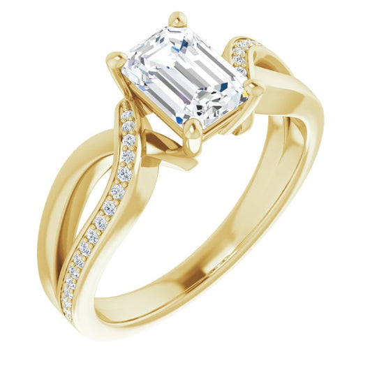 10K Yellow Gold Customizable Emerald/Radiant Cut Center with Curving Split-Band featuring One Shared Prong Leg