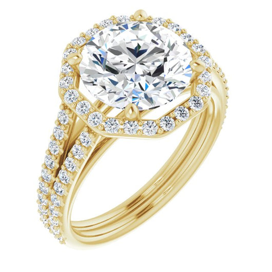 10K Yellow Gold Customizable Cathedral Round Cut Design with Geometric Halo & Split Pavé Band