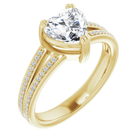 10K Yellow Gold Customizable Heart Cut Center with 100-stone* "Waterfall" Pavé Split Band