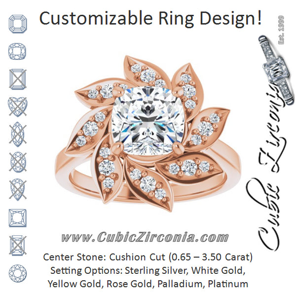 Cubic Zirconia Engagement Ring- The Xiùying (Customizable Cushion Cut Design with Artisan Floral Halo)