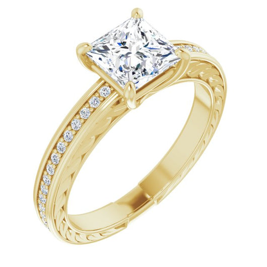 10K Yellow Gold Customizable Princess/Square Cut Design with Rope-Filigree Hammered Inlay & Round Channel Accents