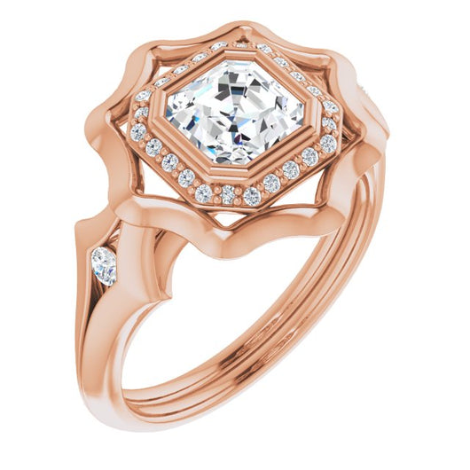 10K Rose Gold Customizable Bezel-set Asscher Cut with Halo & Oversized Floral Design