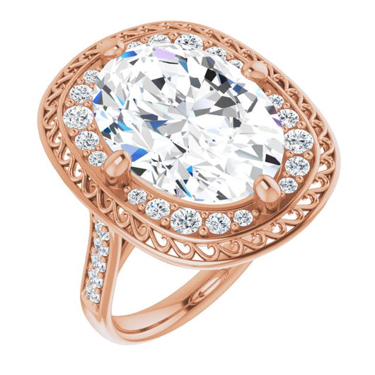 10K Rose Gold Customizable Cathedral-style Oval Cut featuring Cluster Accented Filigree Setting & Shared Prong Band