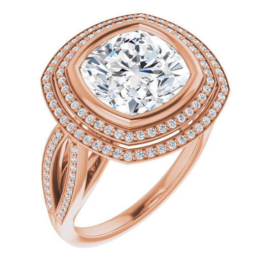 10K Rose Gold Customizable Bezel-set Cushion Cut Style with Double Halo and Split Shared Prong Band