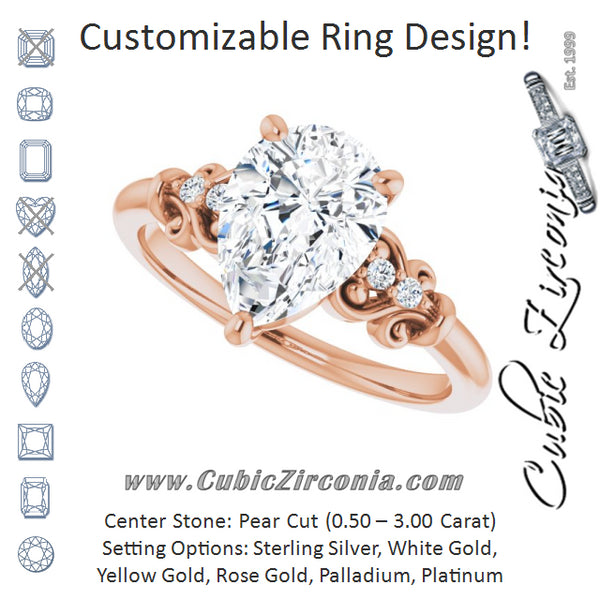 Cubic Zirconia Engagement Ring- The Amice (Customizable Vintage 5-stone Design with Pear Cut Center and Artistic Band Décor)