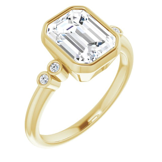 10K Yellow Gold Customizable 5-stone Bezel-set Emerald/Radiant Cut Design with Quad Round-Bezel Side Stones