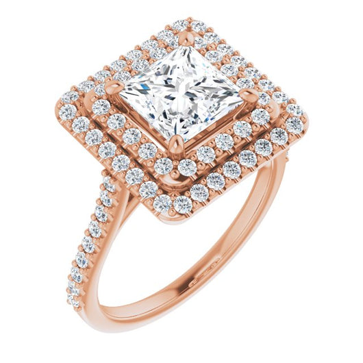 10K Rose Gold Customizable Double-Halo Princess/Square Cut Design with Accented Split Band