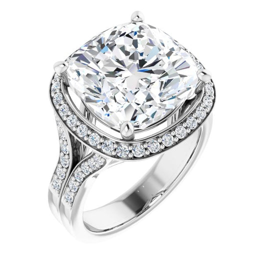 10K White Gold Customizable Cushion Cut Halo Style with Accented Split-Band