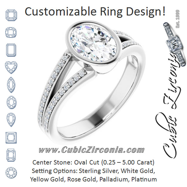 Cubic Zirconia Engagement Ring- The Jenni Lou (Customizable Bezel-set Oval Cut Design with Split Shared Prong Band)