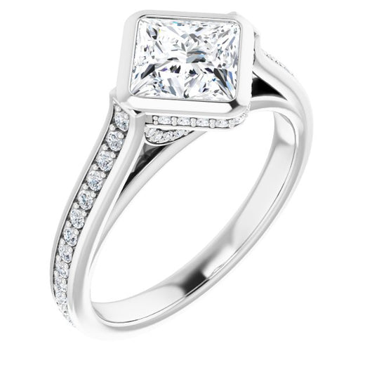 10K White Gold Customizable Cathedral-Bezel Princess/Square Cut Design with Under Halo and Shared Prong Band