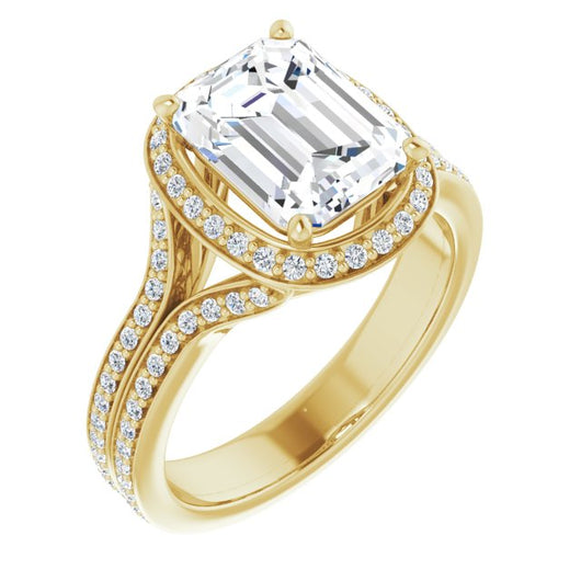 10K Yellow Gold Customizable Cathedral-raised Emerald/Radiant Cut Setting with Halo and Shared Prong Band