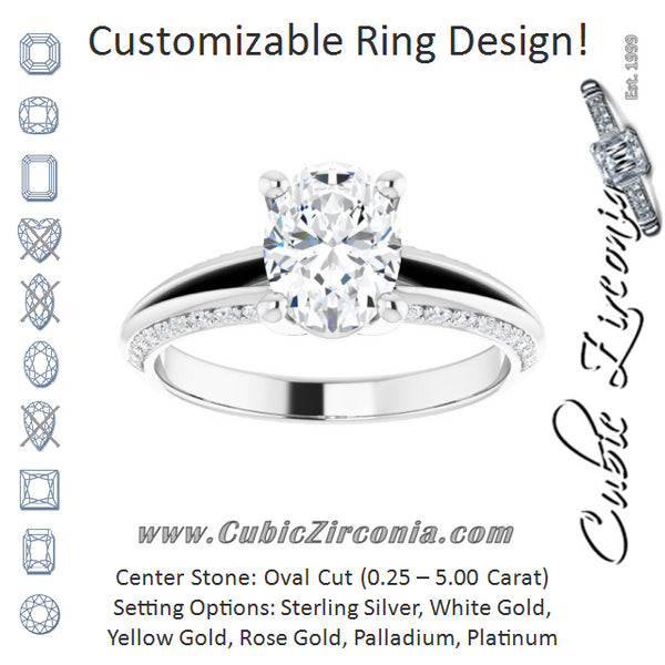 Cubic Zirconia Engagement Ring- The Apryl (Customizable Oval Cut Center with 4-sided-Accents Knife-Edged Split-Band)