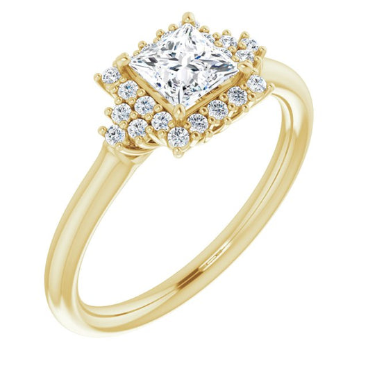 10K Yellow Gold Customizable Princess/Square Cut Cathedral-Halo Design with Tri-Cluster Round Accents