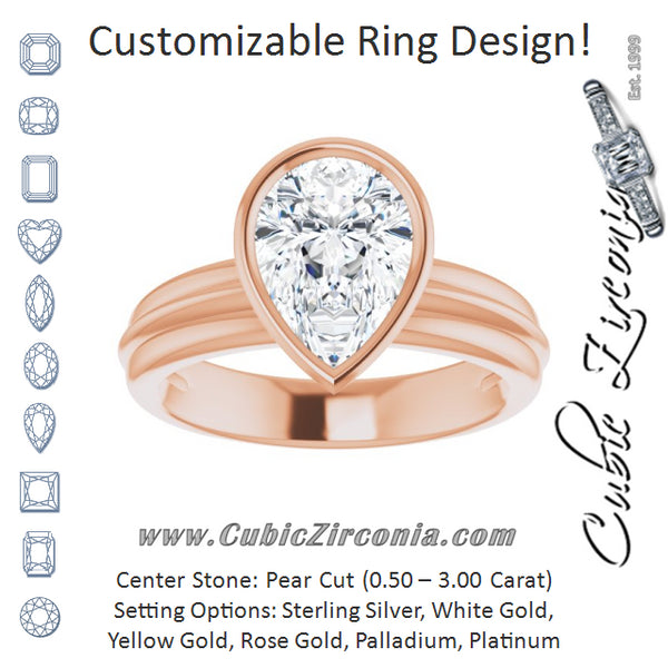 Cubic Zirconia Engagement Ring- The Aretha (Customizable Bezel-set Pear Cut Solitaire with Grooved Band)