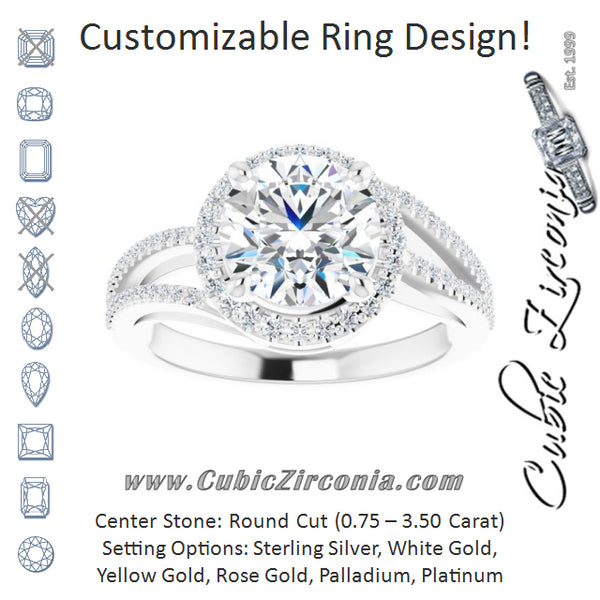 Cubic Zirconia Engagement Ring- The Claudette (Customizable Round Cut Vintage Design with Halo Style and Asymmetrical Split-Pavé Band)