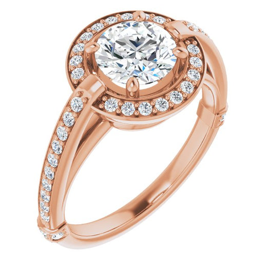 10K Rose Gold Customizable High-Cathedral Round Cut Design with Halo and Shared Prong Band