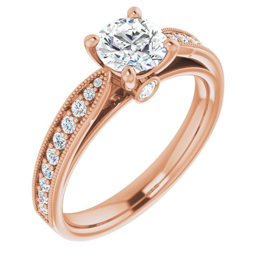 10K Rose Gold Customizable Round Cut Style featuring Milgrained Shared Prong Band & Dual Peekaboos