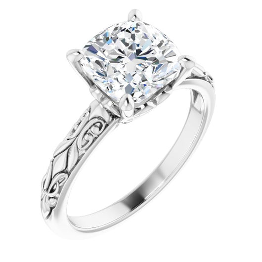 10K White Gold Customizable Cushion Cut Solitaire featuring Delicate Metal Scrollwork