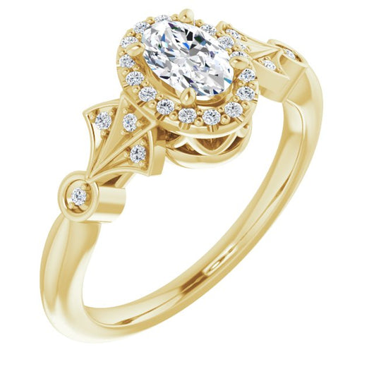 10K Yellow Gold Customizable Cathedral-Crown Oval Cut Design with Halo and Scalloped Side Stones