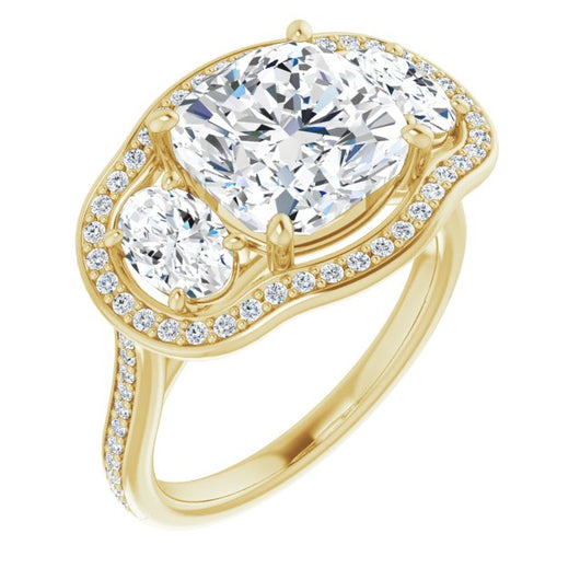 10K Yellow Gold Customizable Cushion Cut Style with Oval Cut Accents, 3-stone Halo & Thin Shared Prong Band