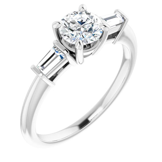 10K White Gold Customizable 3-stone Round Cut Design with Dual Baguette Accents)