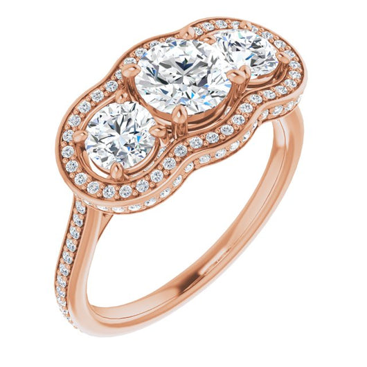 10K Rose Gold Customizable 3-stone Round Cut Design with Multi-Halo Enhancement and 150+-stone Pavé Band