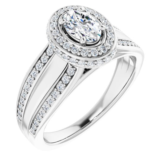 10K White Gold Customizable Halo-style Oval Cut with Under-halo & Ultra-wide Band