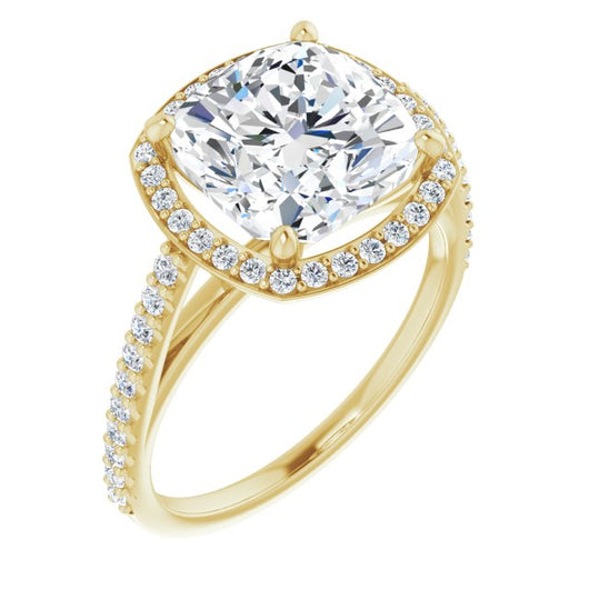 10K Yellow Gold Customizable Cushion Cut Design with Halo and Thin Pavé Band