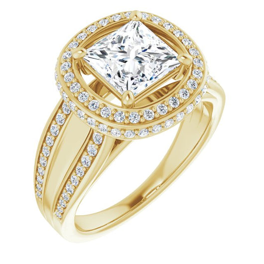 10K Yellow Gold Customizable Halo-style Princess/Square Cut with Under-halo & Ultra-wide Band