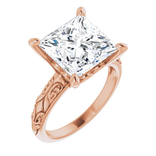 10K Rose Gold Customizable Princess/Square Cut Solitaire featuring Delicate Metal Scrollwork