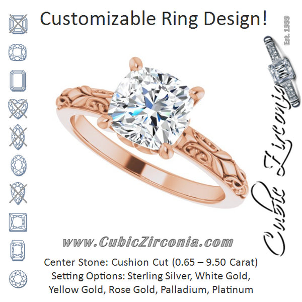 Cubic Zirconia Engagement Ring- The An Chen (Customizable Cushion Cut Solitaire featuring Delicate Metal Scrollwork)