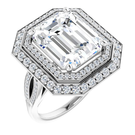 10K White Gold Customizable Cathedral-style Emerald/Radiant Cut Design with Double Halo & Split-Pavé Band