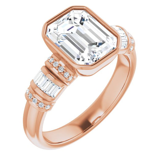 10K Rose Gold Customizable Bezel-set Emerald/Radiant Cut Setting with Wide Sleeve-Accented Band