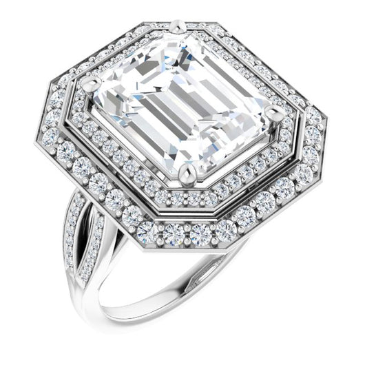 10K White Gold Customizable Cathedral-style Emerald/Radiant Cut Design with Double Halo & Split-Pavé Band